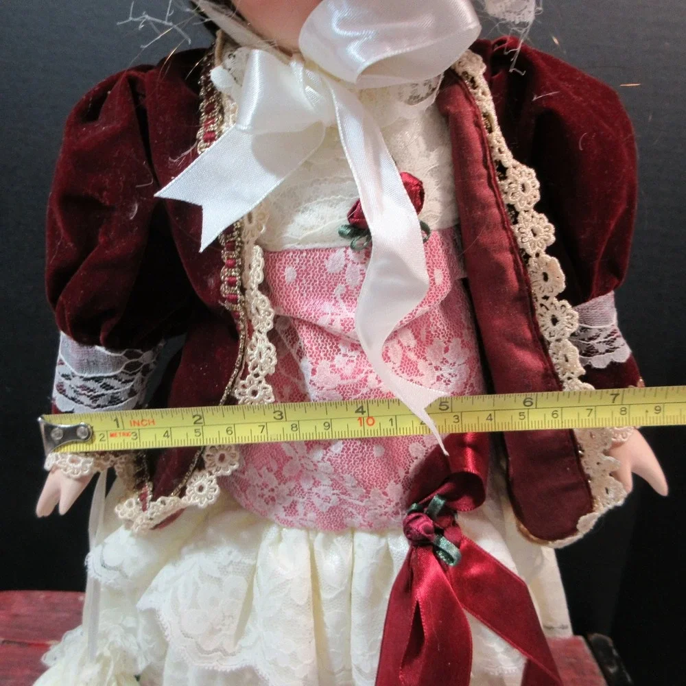 VTG Porcelain Doll in Victorian Burgundy Velvet & Lace Dress with Hat - 16